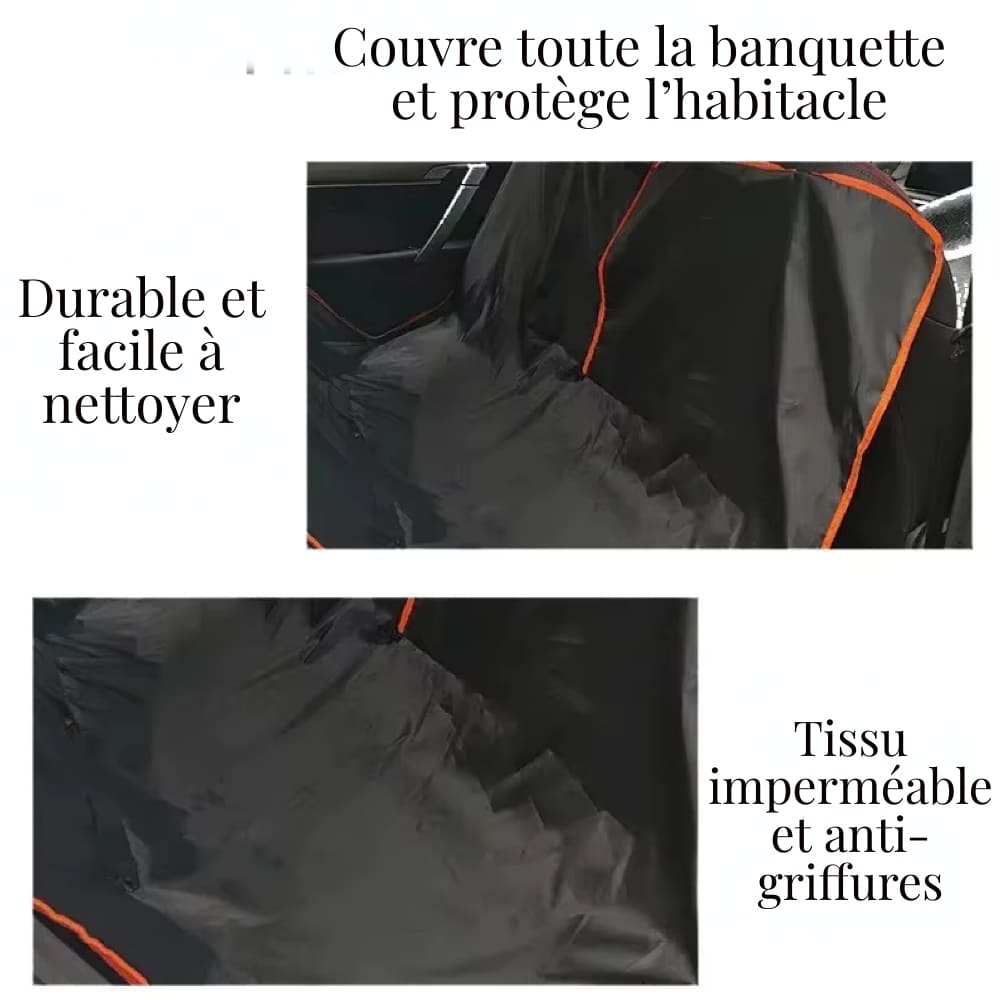Housse de banquette noire à liseré orange, avec textes sur la protection, la durabilité et le tissu imperméable