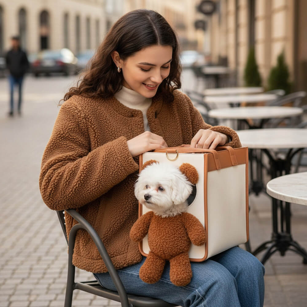 femme terasse cafe avec un Sac De Transport Pour Chien Ours En Peluche