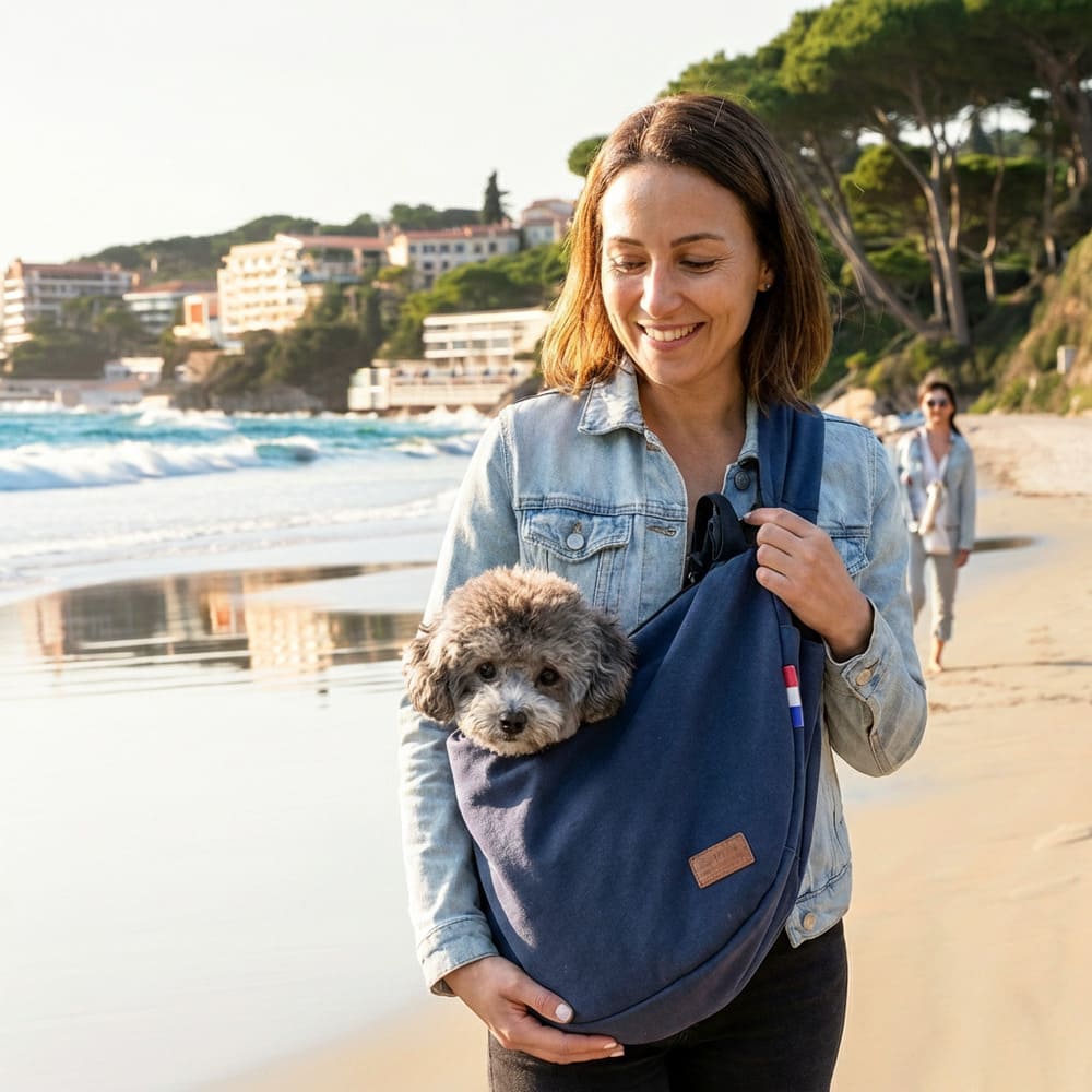 Sac bandoulière animal compagnie motif uni jeune femme au bord de la mer
