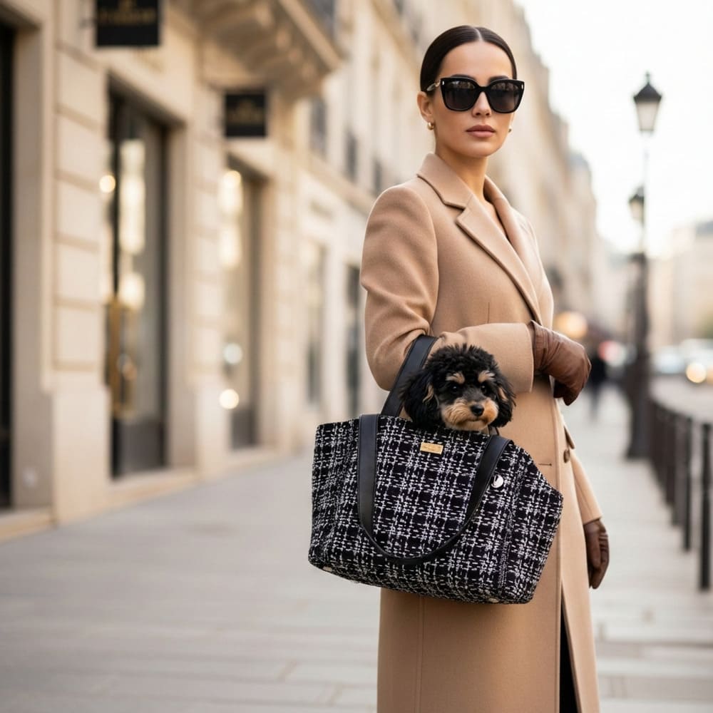 femme élégante portant sac chien tweed épaule bretelles rembourrées