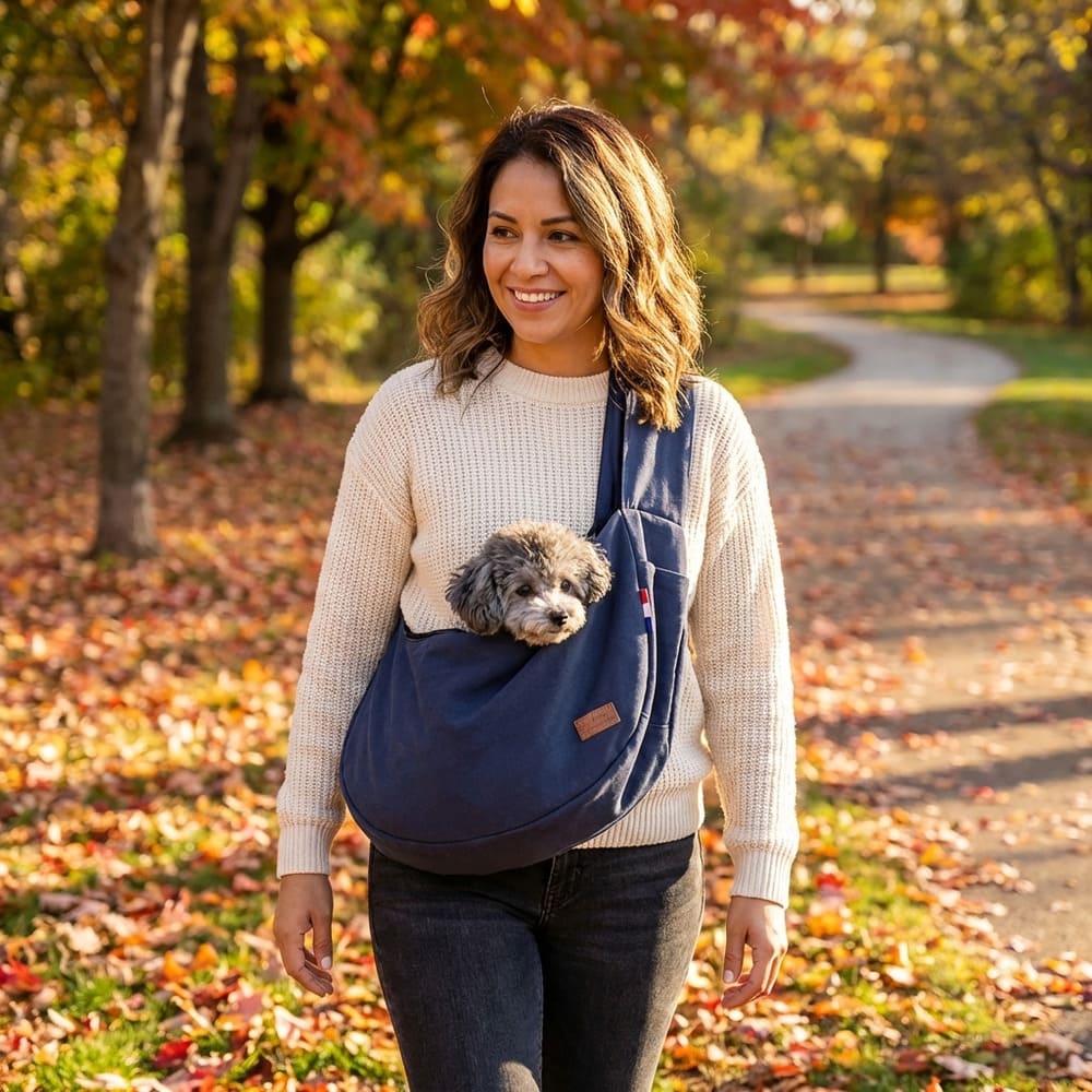 Sac transport chiot moins 20 litres léger pratique résistant avec femme se promene en automne dans les bois