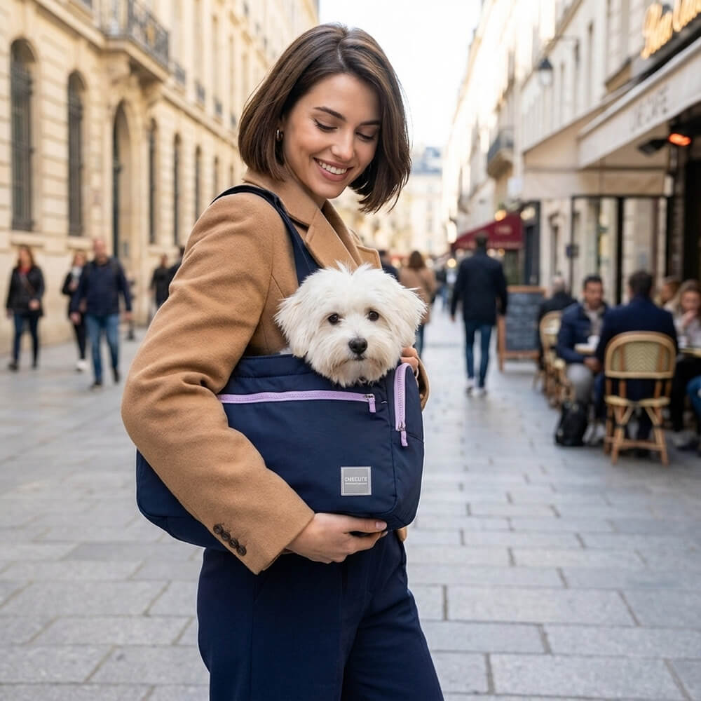 Sac chien polyester résistant bleu marine dans une rue en ville