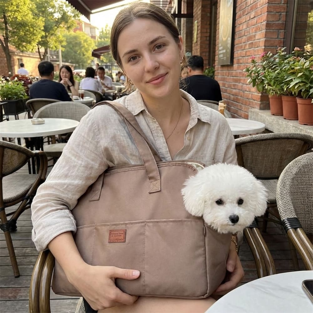 Sac chien beige marron toile résistante poignée robuste portage facile au restaurant