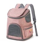 Sac à dos de transport rose chiné à rabat, fenêtres en maille grise, poche latérale zippée et bretelles rembourrées grises