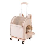 Sac à roulettes de transport beige rosé avec poignée télescopique et chat roux sortant la tête par la porte latérale