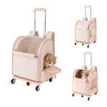 Trois vues d'un sac trolley beige rosé : chat roux à la fenêtre, sac fermé de face et chat couché à l'intérieur