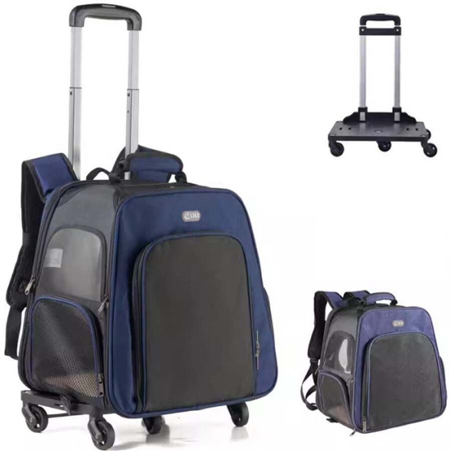 Sac à dos à roulettes bleu marine et noir avec poignée télescopique, plus deux vues : châssis à roues seul et sac porté à dos