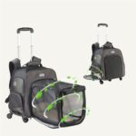 Sac trolley gris avec extension en filet dépliée à l'avant, feuilles vertes figurant la ventilation, version réduite en haut