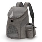 Sac à dos de transport gris chiné, dessus et face en maille transparente, bretelles larges et poche à gourde zippée