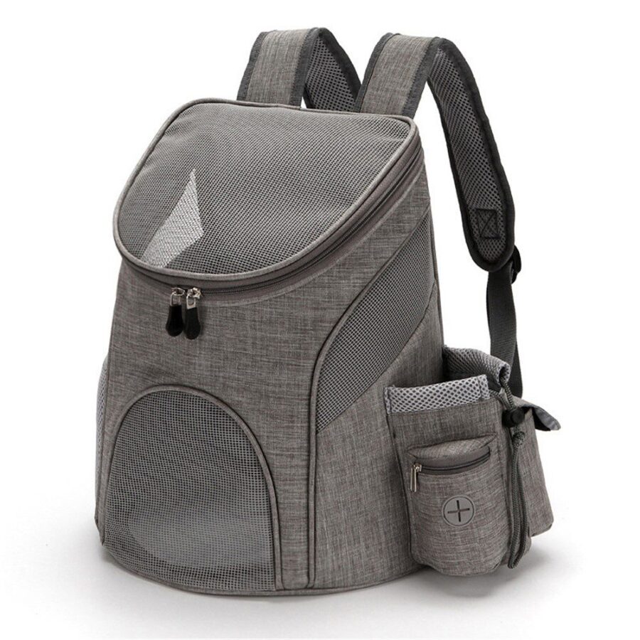 Sac à dos de transport gris chiné, dessus et face en maille transparente, bretelles larges et poche à gourde zippée