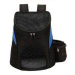 Sac à dos noir avec bandes bleues, rabat supérieur en filet, ouverture ovale sur le devant et poche à fermeture à droite