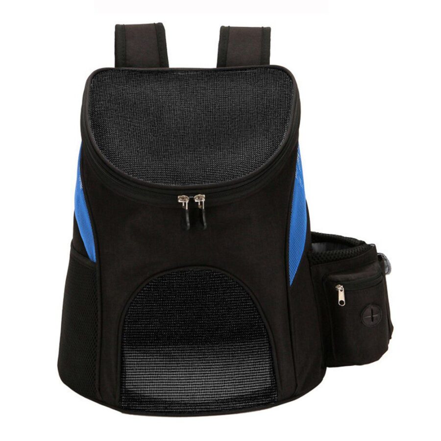 Sac à dos noir avec bandes bleues, rabat supérieur en filet, ouverture ovale sur le devant et poche à fermeture à droite