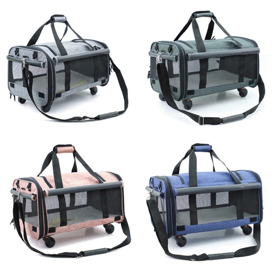 Sac de transport à roulettes disponible en gris, vert-gris, rose et bleu