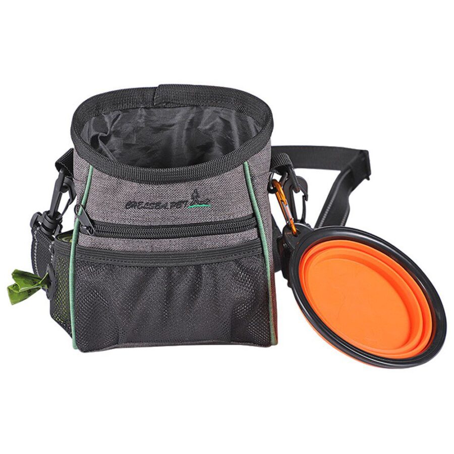 Pochette à friandises grise et noire à liserés verts, avec distributeur de sacs, poches filet et gamelle pliable orange