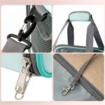 Quatre détails du sac turquoise : mousqueton d'épaule, poignée matelassée, curseur de zip et sangle de sécurité intérieure
