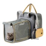 Sac à dos gris et moutarde avec extension en filet déployée où se tient un chat, anses et bretelles visibles