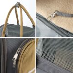 Quatre détails du sac : anse en toile, mousqueton sur doublure polaire, double curseur de fermeture et filet respirant