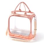 Sac de transport rose à paroi avant transparente, deux anses et bandoulière beige, vu de trois quarts sur fond blanc