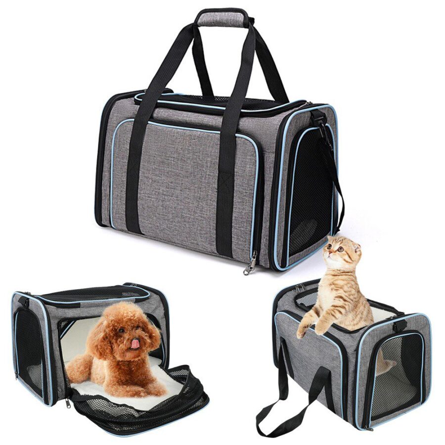 Trois angles du sac de transport gris : poignées relevées, ouverture avec un toutou brun et bandoulière avec chat roux