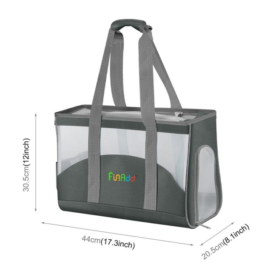 Sac de transport gris foncé à fenêtres transparentes, deux anses et poche latérale, avec cotes de 44 x 20,5 x 30,5 cm