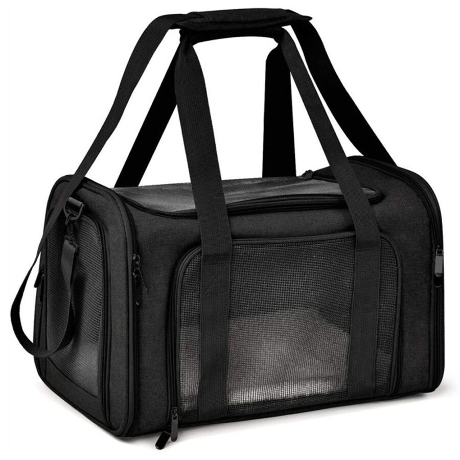 Sac de transport noir à parois en filet, deux grandes poignées et bandoulière, vue en trois quarts sur fond blanc