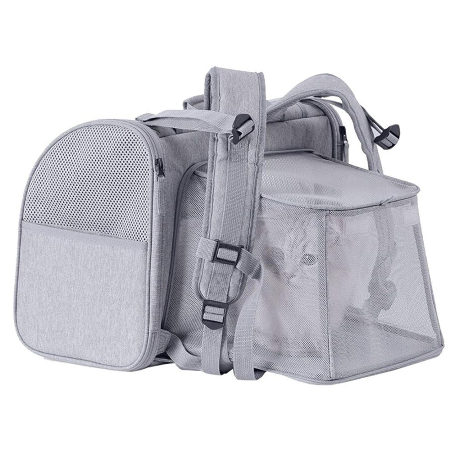 Sac à dos gris extensible, partie arrière dépliée en filet pour plus d'espace