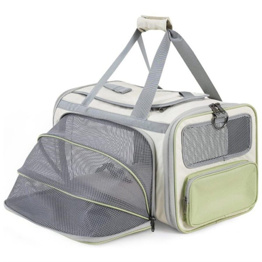 Sac de transport extensible beige, gris et vert, extension en mesh dépliée sur le côté, poignées et poche latérale