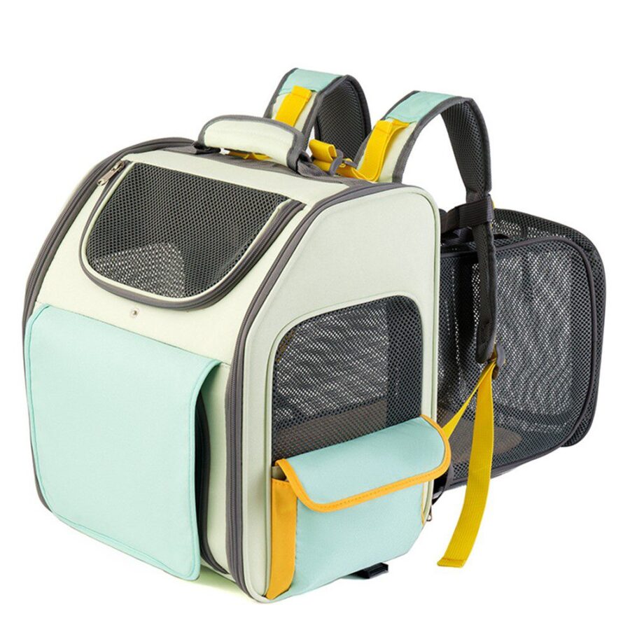 Sac à dos vert d'eau et crème à fenêtres en filet, grande poche avant et bretelles à liserés jaunes, vu de trois quarts