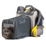 Sac à dos gris et jaune avec extension en filet, dans laquelle un chat écaille est couché, vu de face