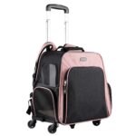 Sac à dos à roulettes rose et noir, poignée télescopique, grande poche avant et roues pivotantes