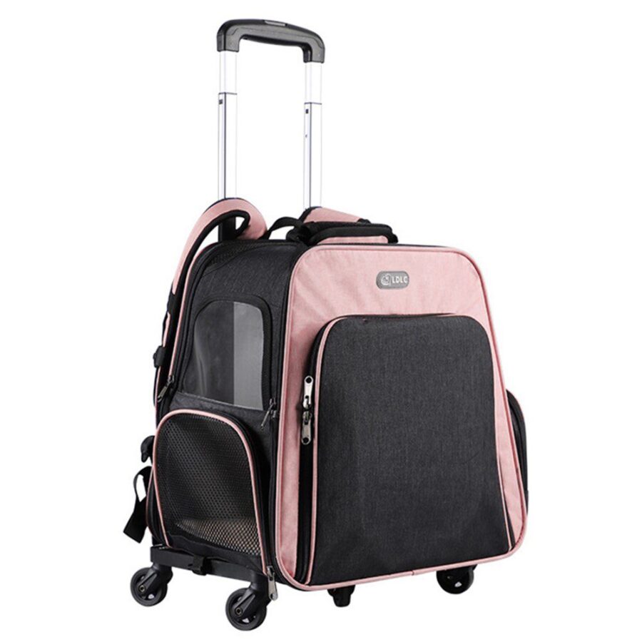 Sac à dos à roulettes rose et noir, poignée télescopique, grande poche avant et roues pivotantes