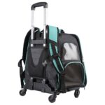 Sac à dos à roulettes turquoise et noir vu de dos, poignée télescopique, bretelles repliées, fenêtre mesh latérale