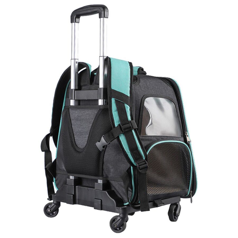 Sac à dos à roulettes turquoise et noir vu de dos, poignée télescopique, bretelles repliées, fenêtre mesh latérale