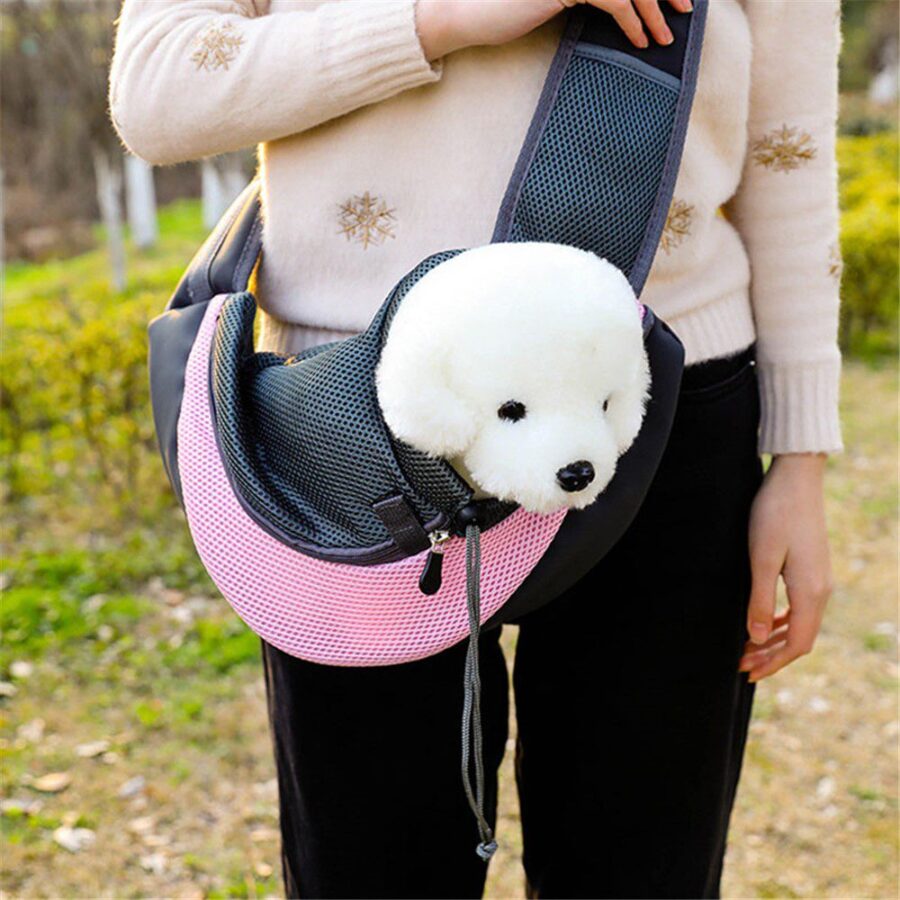 Sac en bandoulière rose porté sur le devant, pull à motifs fleuris et chien blanc, pelouse et arbres en fond