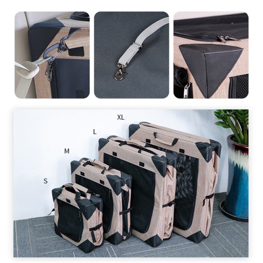 Caisse de transport pliable en quatre tailles S, M, L et XL, avec détails des fermetures et de l'aération