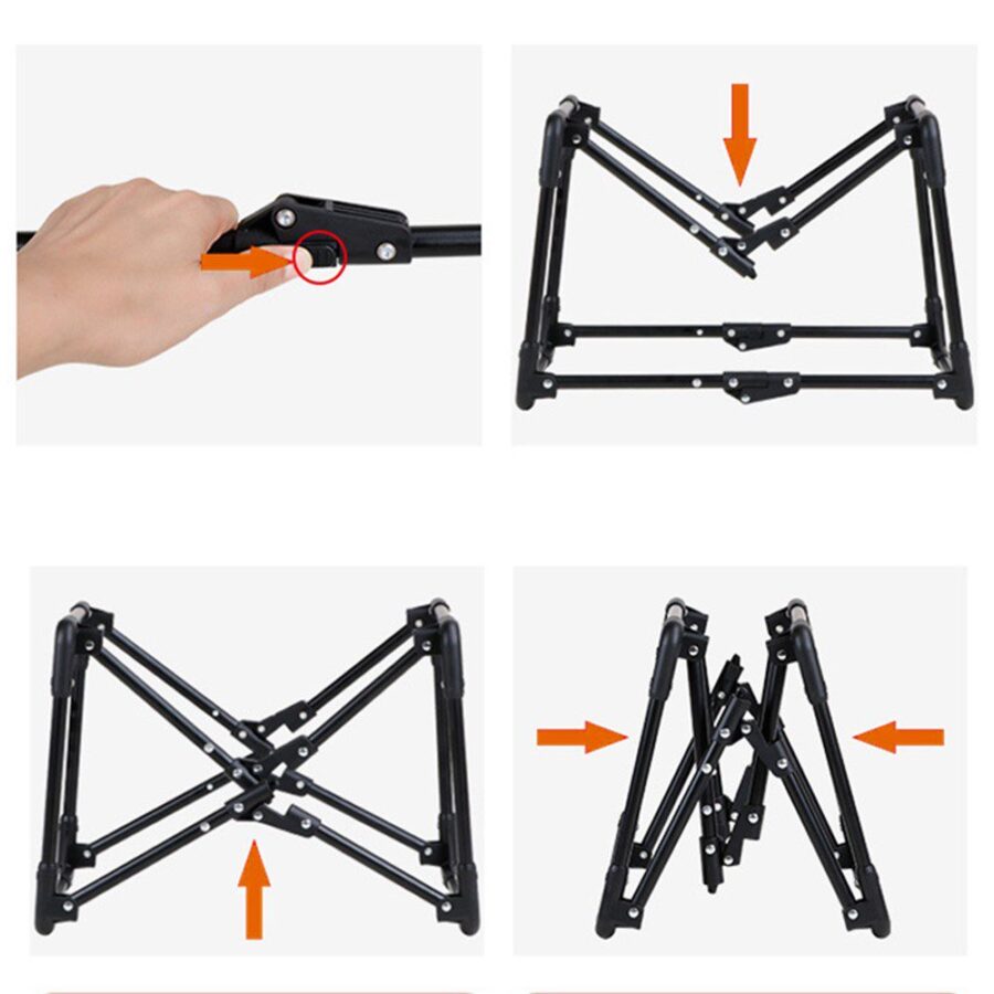 Quatre étapes de pliage de l'armature en acier noire : main sur le bouton de verrouillage, structure repliée en croix