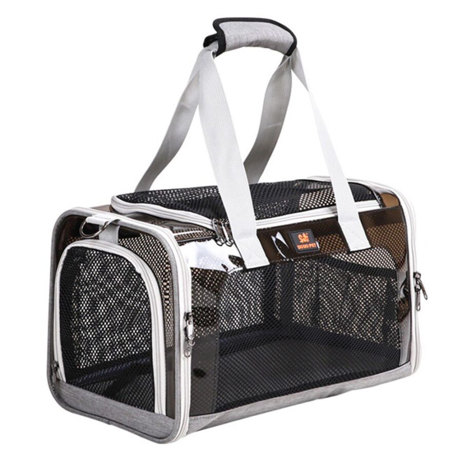 Sac de transport à mailles noires et bords gris, poignées grises, dessus et côté transparents, vu de trois quarts