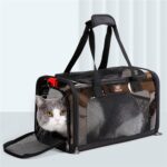 Chat gris et blanc sortant la tête par le panneau d'extrémité ouvert d'un sac noir en filet à anse rouge