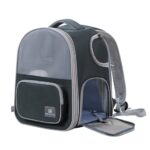 Sac à dos de transport gris anthracite, dôme transparent, poche avant zippée, bretelles et sangle de sécurité intérieure