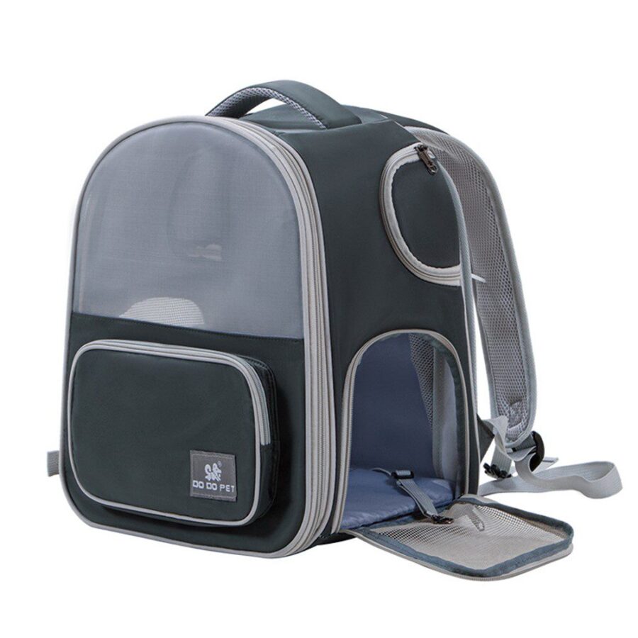 Sac à dos de transport gris anthracite, dôme transparent, poche avant zippée, bretelles et sangle de sécurité intérieure