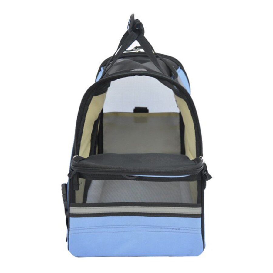 Sac de transport bleu vu de côté : panneau en filet transparent, fond rigide et poignées repliées sur le dessus