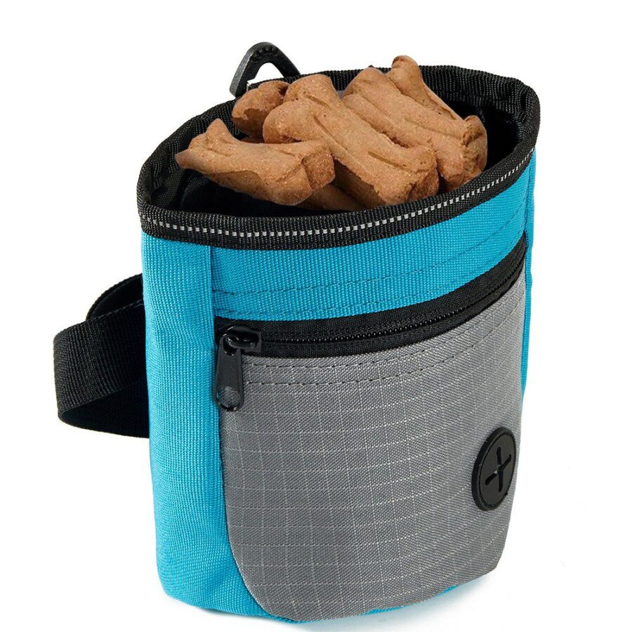Sachet de friandises bleu turquoise et gris ouvert, rempli de biscuits en forme d'os, avec ceinture noire