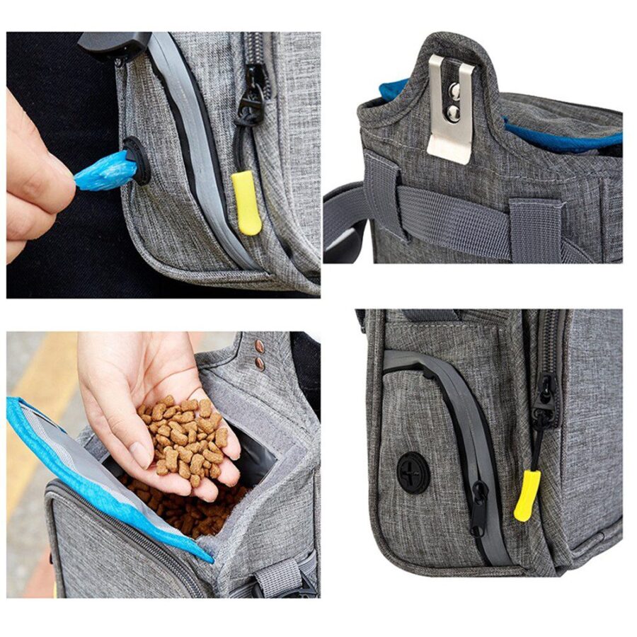 Sacoche de dressage grise et bleue en quatre vues : main sortant un objet, clip de ceinture, croquettes dans la poche