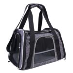Sac gris à double anse noire et liseré clair, pris en trois quarts avec large fenêtre mesh en façade, sur fond blanc