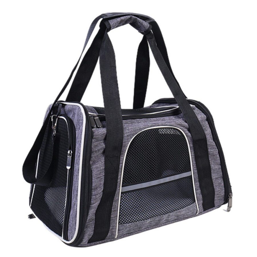 Sac gris à double anse noire et liseré clair, pris en trois quarts avec large fenêtre mesh en façade, sur fond blanc