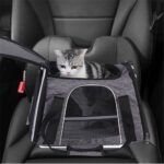 Chat tigré qui lève la tête depuis un sac de transport gris sur un siège auto, côté ventilé en tissu filet visible