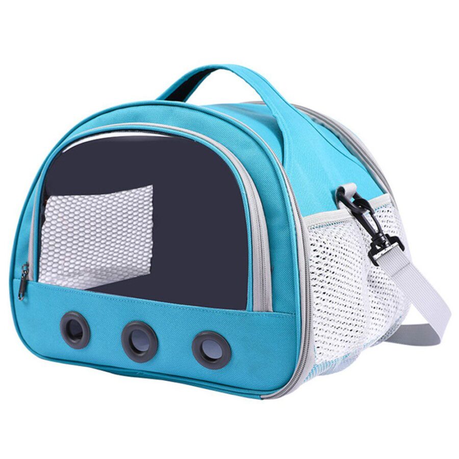 Sac de transport bleu en trois-quarts, bandoulière grise détachable, panneau mesh latéral et fenêtre avant