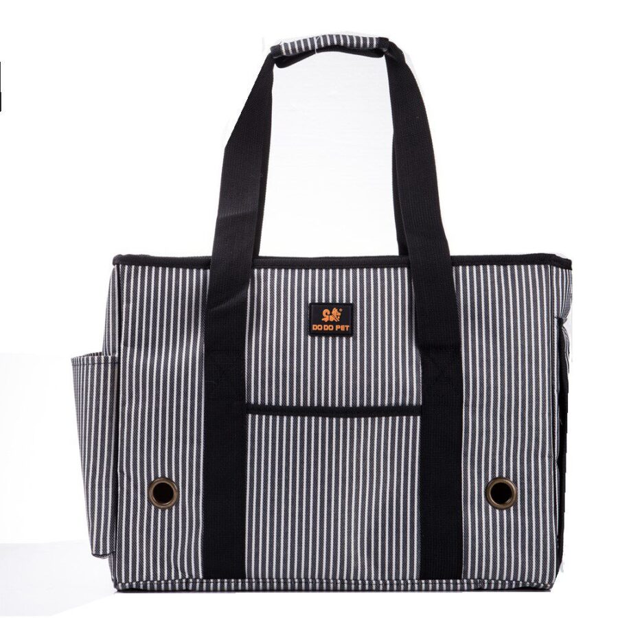 Face avant d'un sac rayé noir et gris clair, grandes anses noires verticales et poche centrale à zip, fond blanc