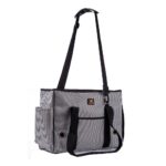 Sac rayé à bandoulière réglable noire, vu de côté, avec poche latérale en filet et mousqueton de fixation