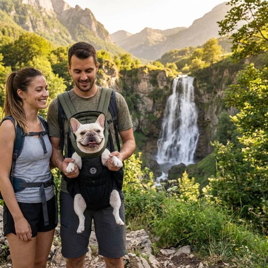 Couple de randonneurs devant une cascade, l'homme portant un bouledogue blanc dans un sac ventral noir